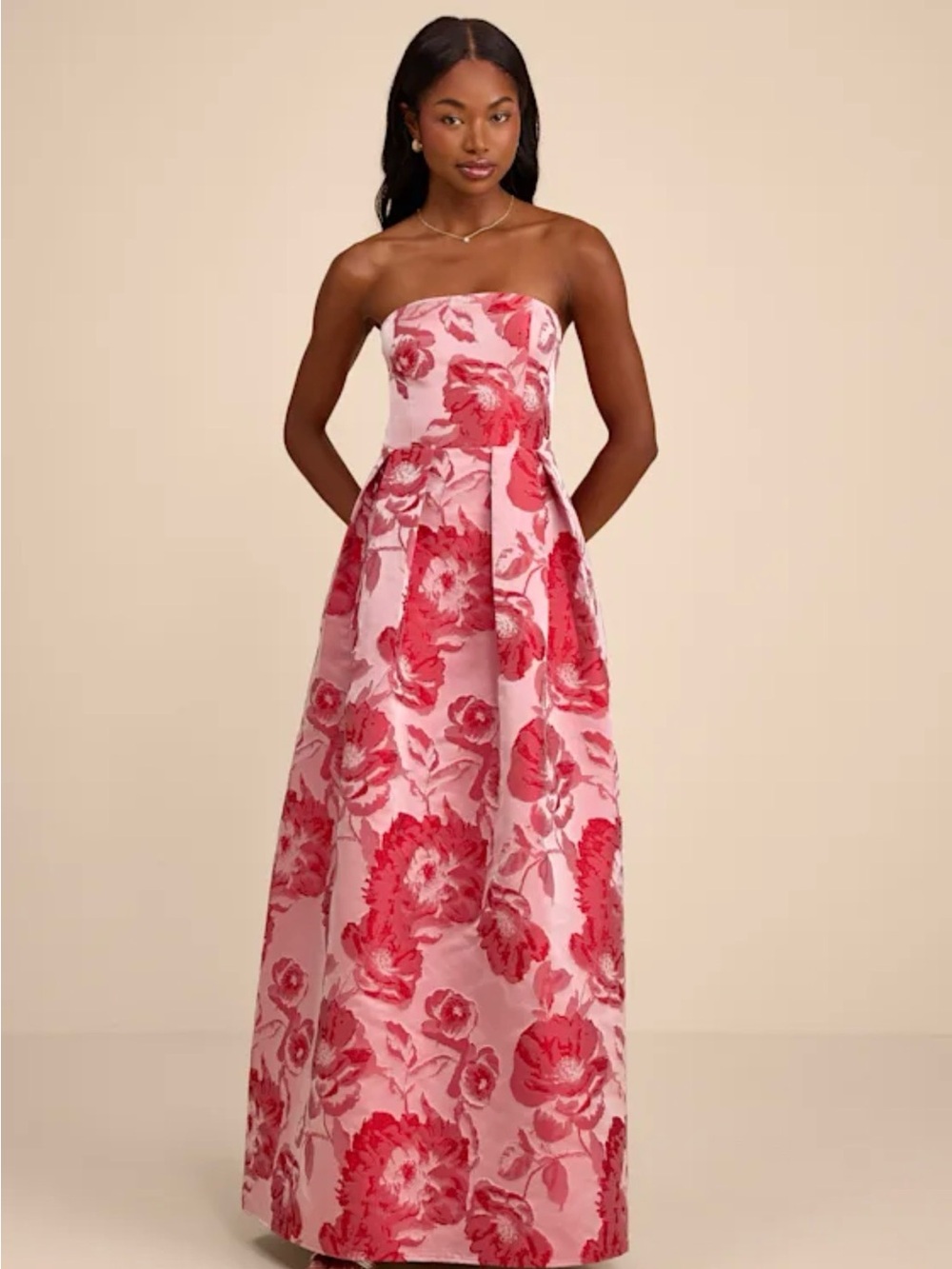 Strapless Pink Floral Evening Gown